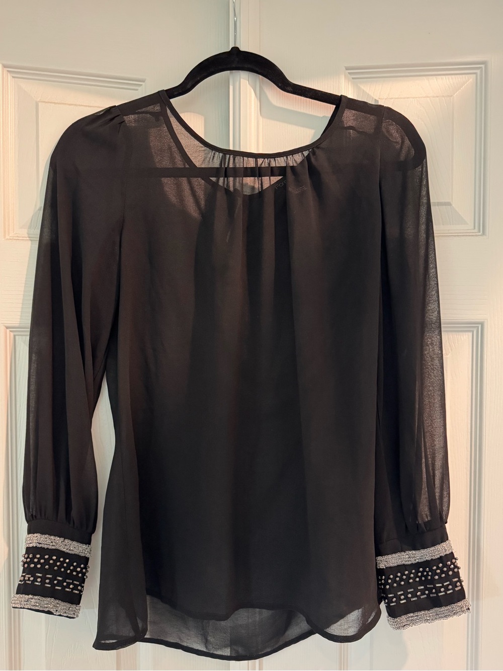 Black Sheer Long Sleeve Blouse with Beaded Cuffs